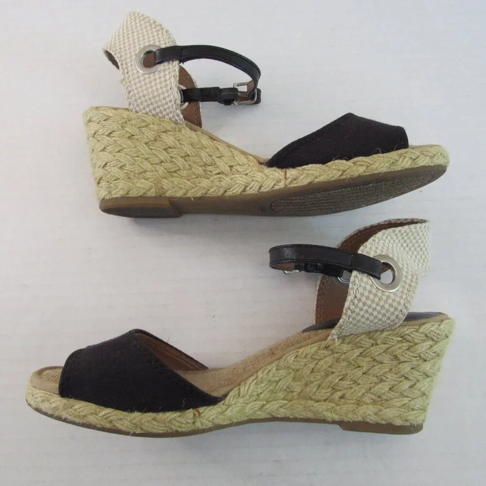 Lucky Brand Espadrille Wedge Sandals Black Tan & White Size 6M